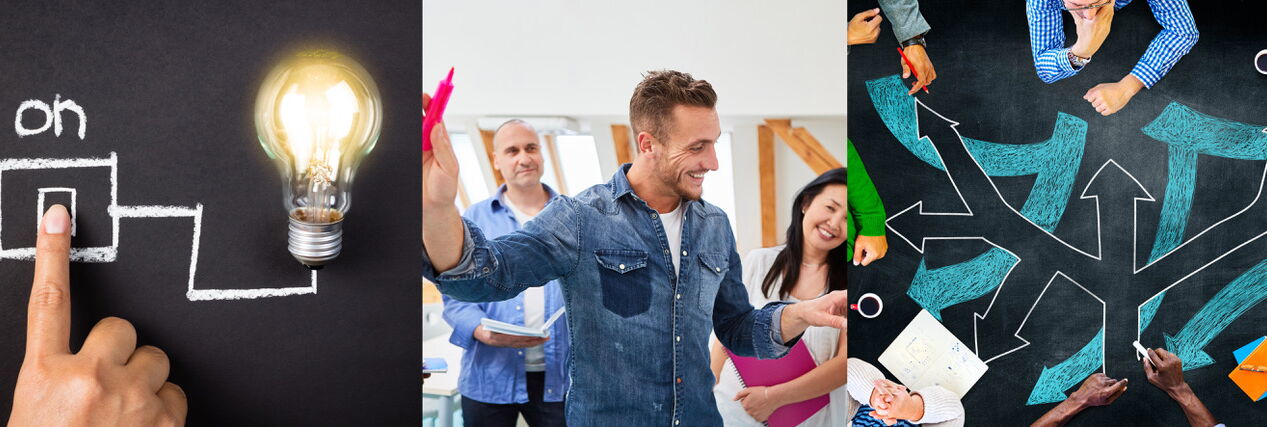 Collage aus Teamarbeit, Ideenentwicklung und Strategieprozessen, Darstellung ganzheitlicher Unternehmensberatung.